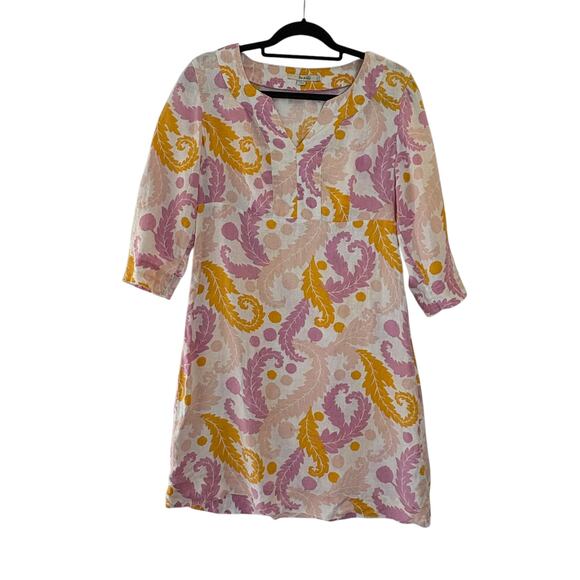 Boden Linen Floral Dress Size 8L Elbow Sleeve Knee Length Split V-Neck Pastel - Picture 1 of 9